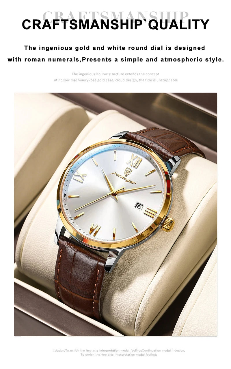 POEDAGAR Casual Wrist Watches For Men Luxury Business Genuine Leather Strap Luminous Quartz Man Watch Brand Top Waterproof 2023