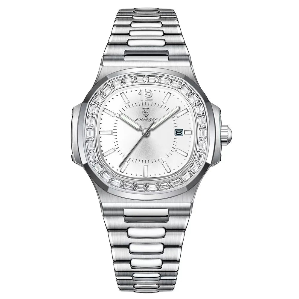POEDAGAR Luxury Square Men's Stainless Steel Quartz Watch
