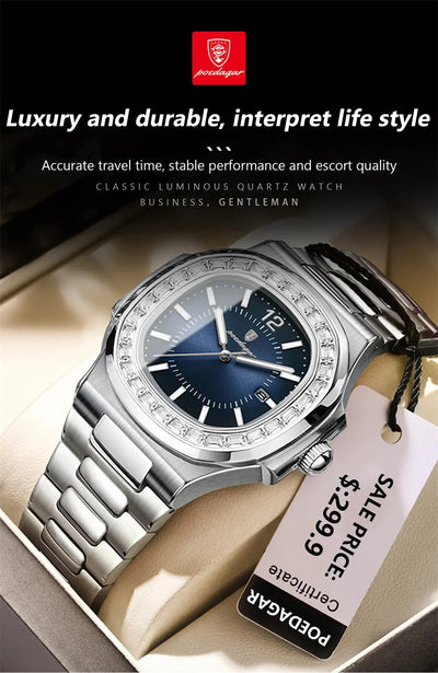 POEDAGAR Luxury Square Men's Stainless Steel Quartz Watch