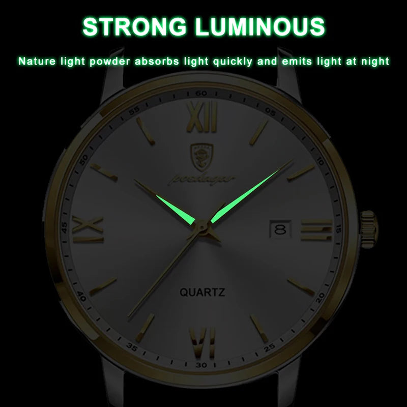 POEDAGAR Casual Wrist Watches For Men Luxury Business Genuine Leather Strap Luminous Quartz Man Watch Brand Top Waterproof 2023
