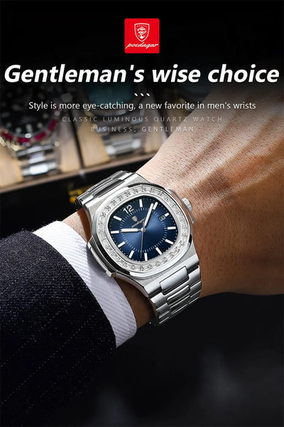 POEDAGAR Luxury Square Men's Stainless Steel Quartz Watch