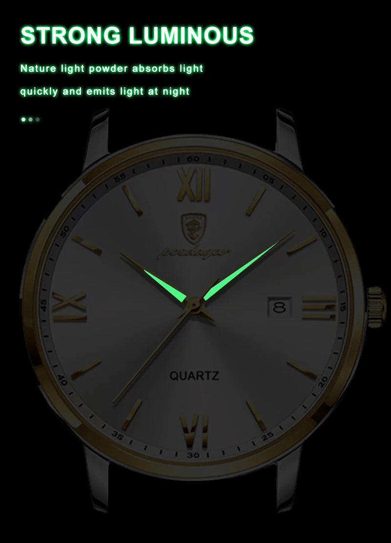 POEDAGAR Casual Wrist Watches For Men Luxury Business Genuine Leather Strap Luminous Quartz Man Watch Brand Top Waterproof 2023