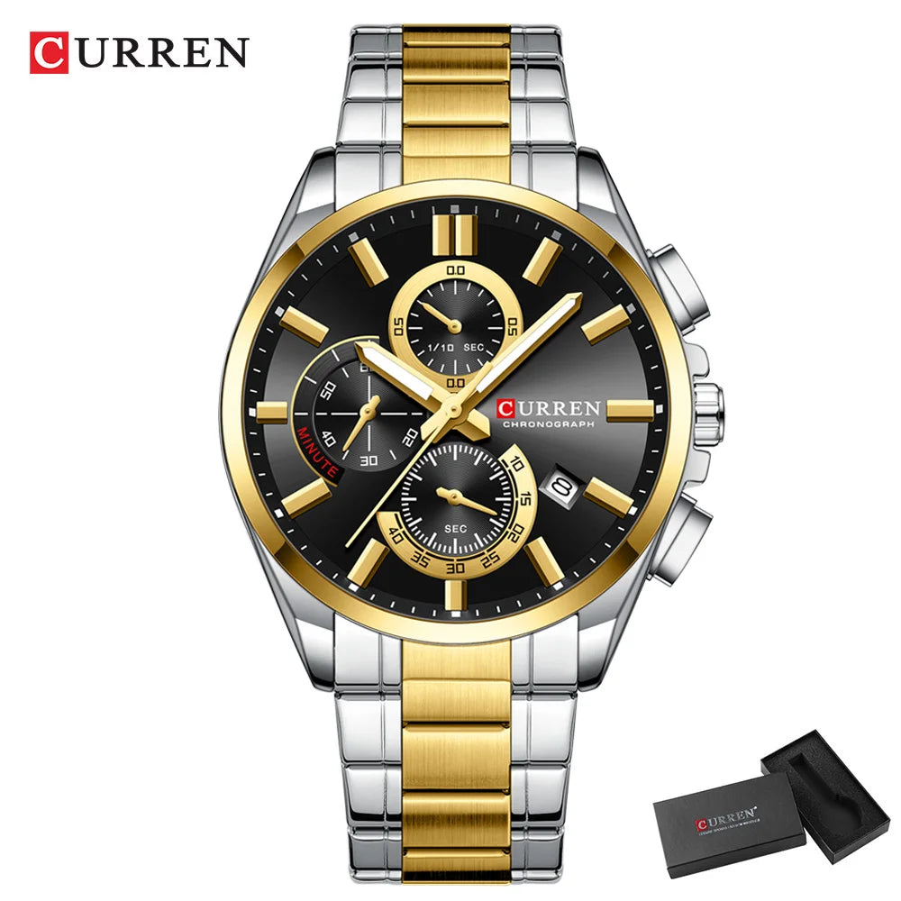 CURREN Men's Watches Top Brand Luxury Watch for Men Original Waterproof Stainless Steel Chronograph Moon Phase Date Rota Dial