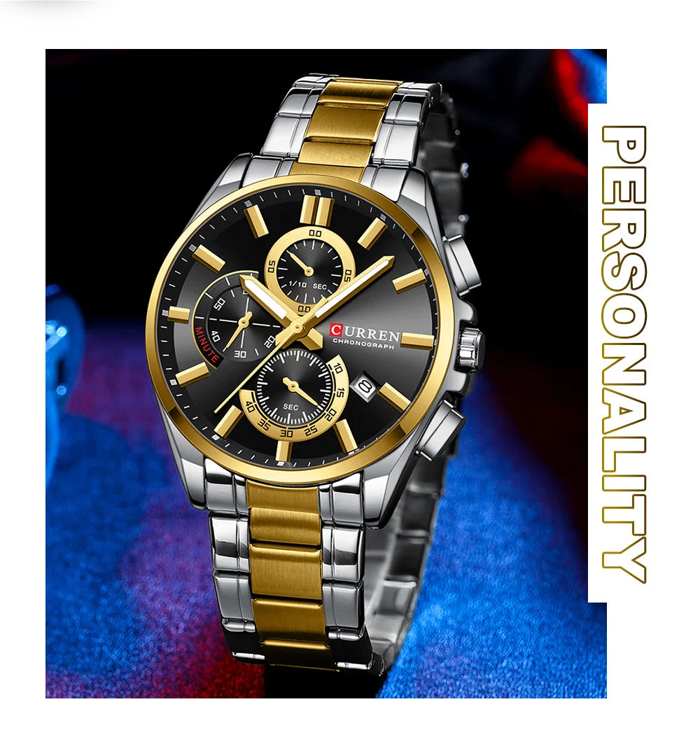 CURREN Men's Watches Top Brand Luxury Watch for Men Original Waterproof Stainless Steel Chronograph Moon Phase Date Rota Dial