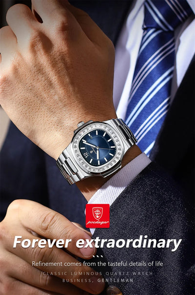 POEDAGAR Luxury Square Men's Stainless Steel Quartz Watch