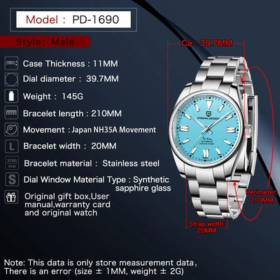 PAGANI DESIGN 2025 New Men's Mechanical Watch NH35 Luminous PD1690 Calendar Stainless Steel Sapphire Crystal Reloj Hombre