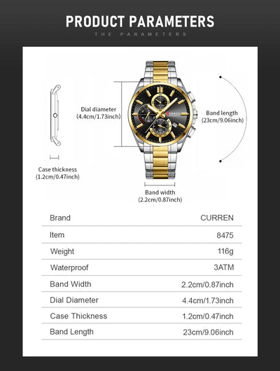 CURREN Men's Watches Top Brand Luxury Watch for Men Original Waterproof Stainless Steel Chronograph Moon Phase Date Rota Dial