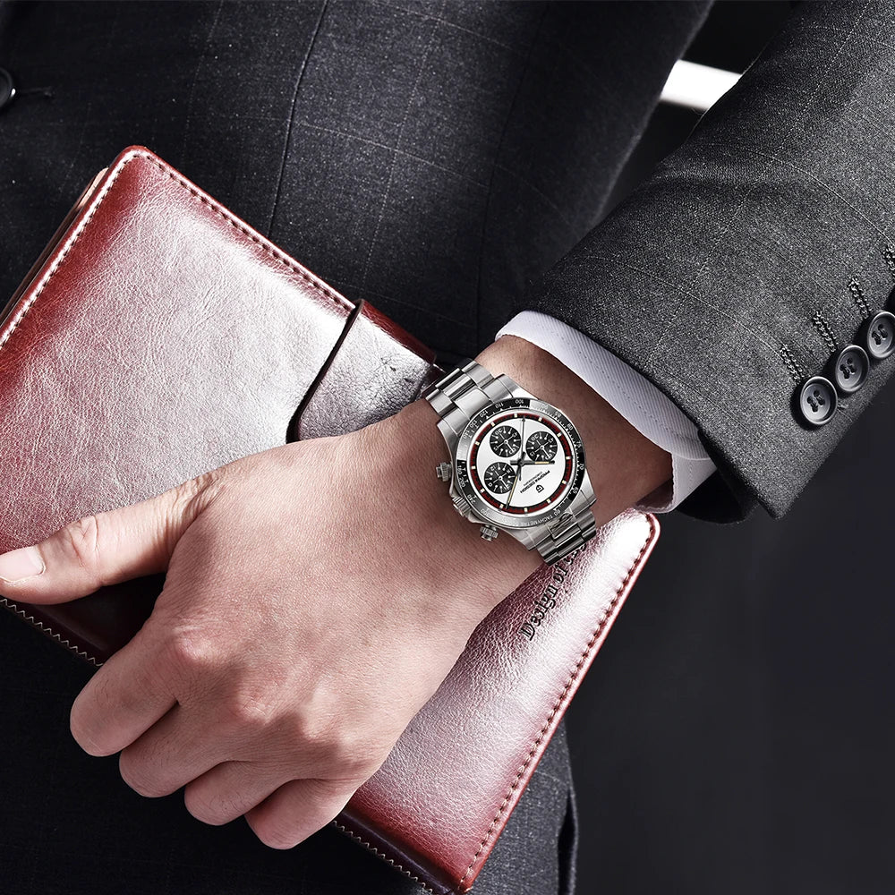 PAGANI DESIGN New Men's Quartz Watch Fashion Ceramic bezel Chronograph 100m Waterproof Men's Stainless Steel Watch