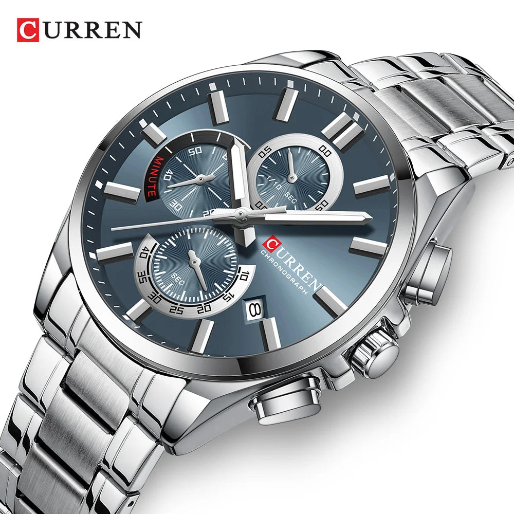 CURREN Men's Watches Top Brand Luxury Watch for Men Original Waterproof Stainless Steel Chronograph Moon Phase Date Rota Dial