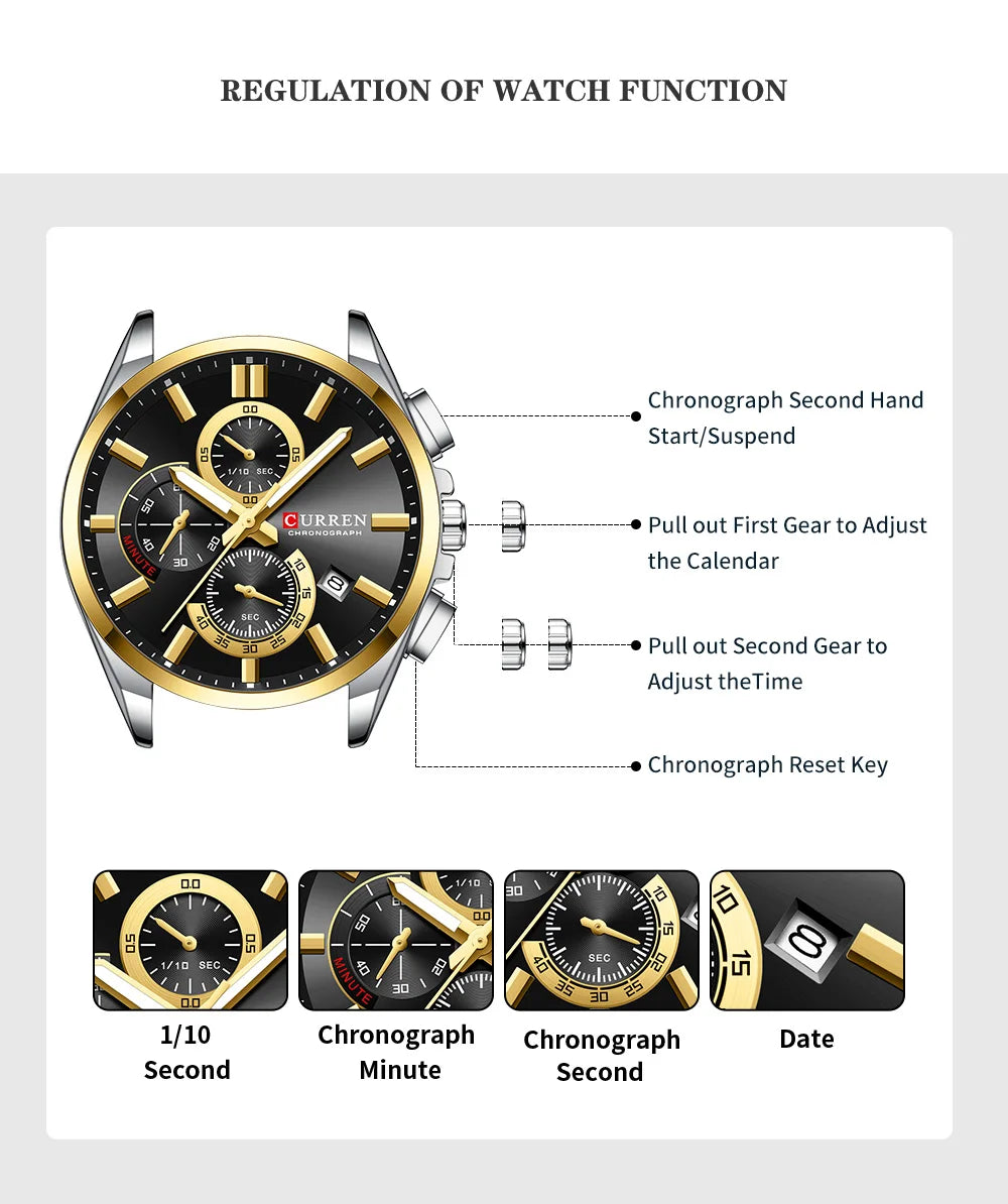 CURREN Men's Watches Top Brand Luxury Watch for Men Original Waterproof Stainless Steel Chronograph Moon Phase Date Rota Dial