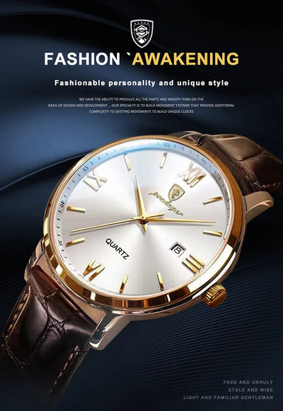 POEDAGAR Casual Wrist Watches For Men Luxury Business Genuine Leather Strap Luminous Quartz Man Watch Brand Top Waterproof 2023