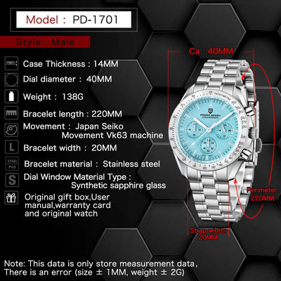 PAGANI DESIGN 1701 New Men's Watches Top Luxury Quartz Watch For Men Auto Date Speed Chronograph AR Sapphire Mirror Wristwatch