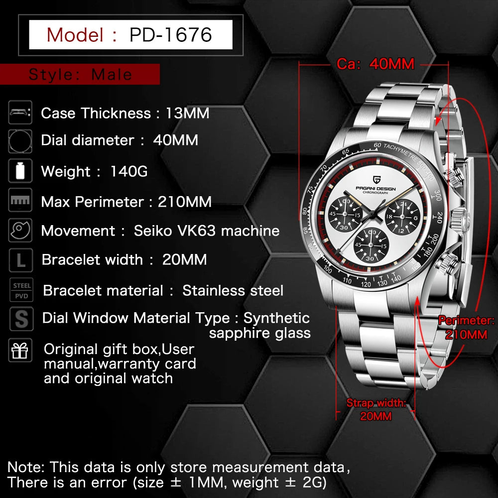 PAGANI DESIGN New Men's Quartz Watch Fashion Ceramic bezel Chronograph 100m Waterproof Men's Stainless Steel Watch