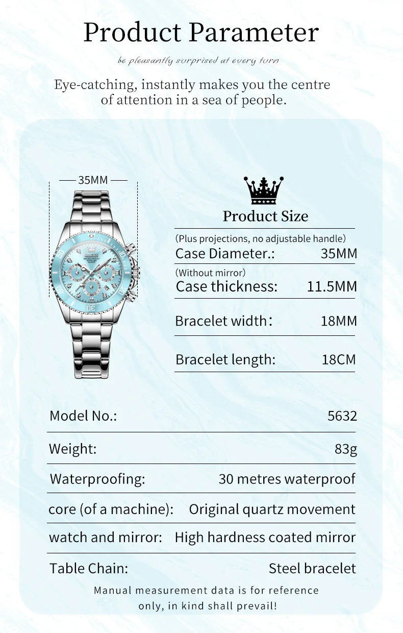 OLEVS 5632 Women Watch Original Luxury Quartz Watch Simple Date Chronograph Waterproof Luminous Clock HD Blue Gift Women Watch