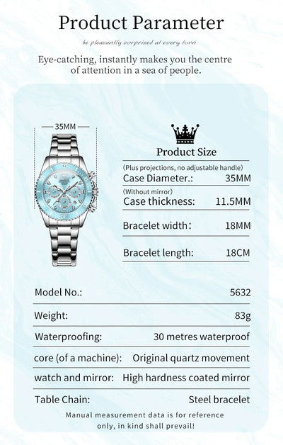 OLEVS 5632 Women Watch Original Luxury Quartz Watch Simple Date Chronograph Waterproof Luminous Clock HD Blue Gift Women Watch