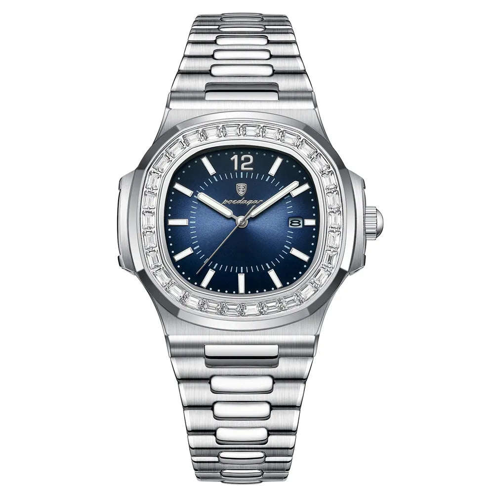 POEDAGAR Luxury Square Men's Stainless Steel Quartz Watch